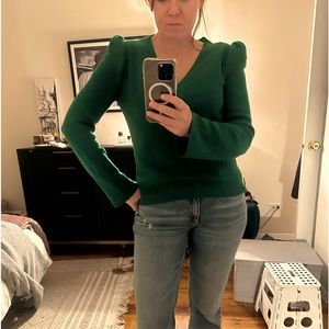 Emerald green sweater with feminine French shoulder accent